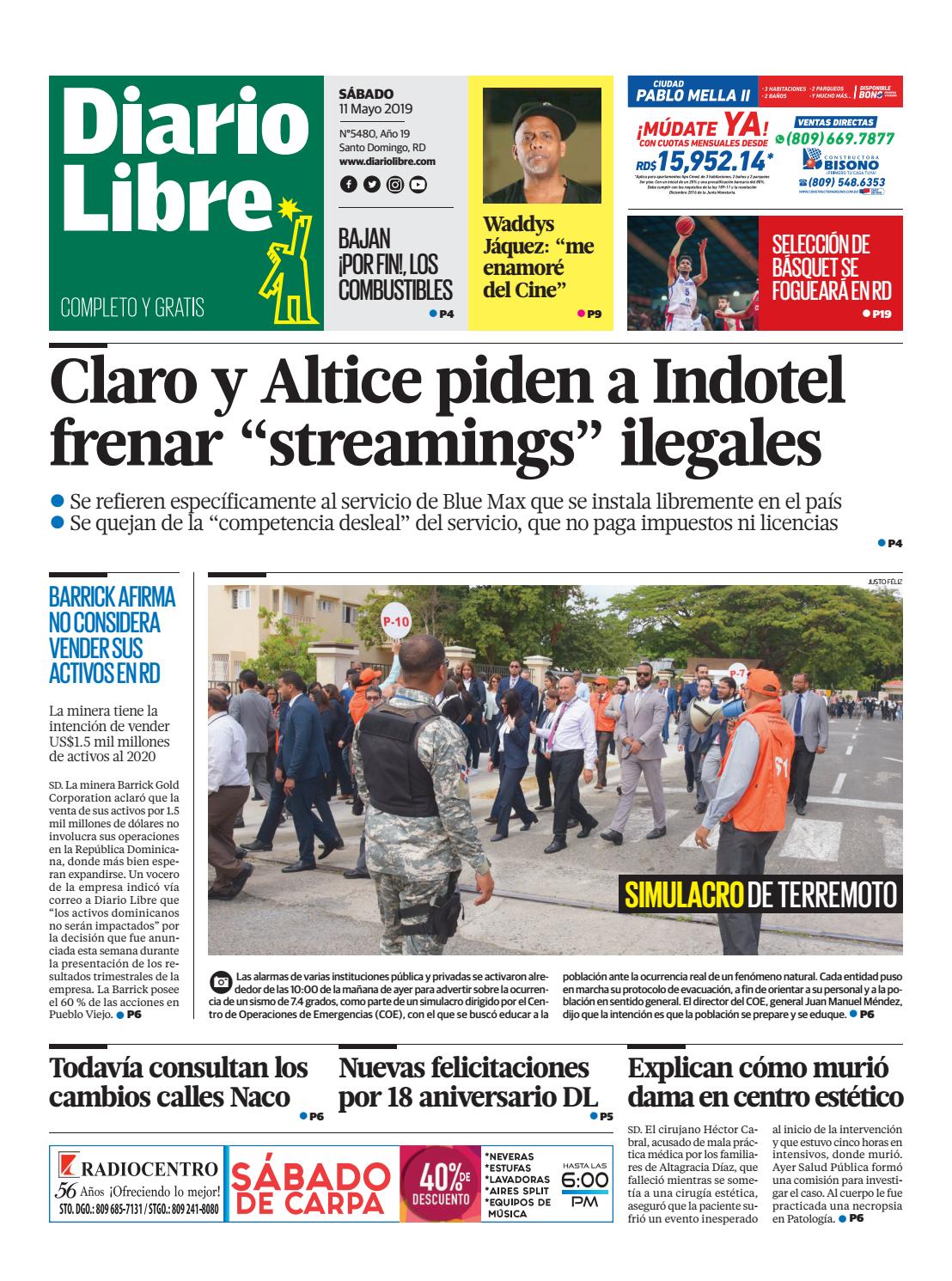 Portada Periódico Diario Libre, Sábado 11 Mayo 2019