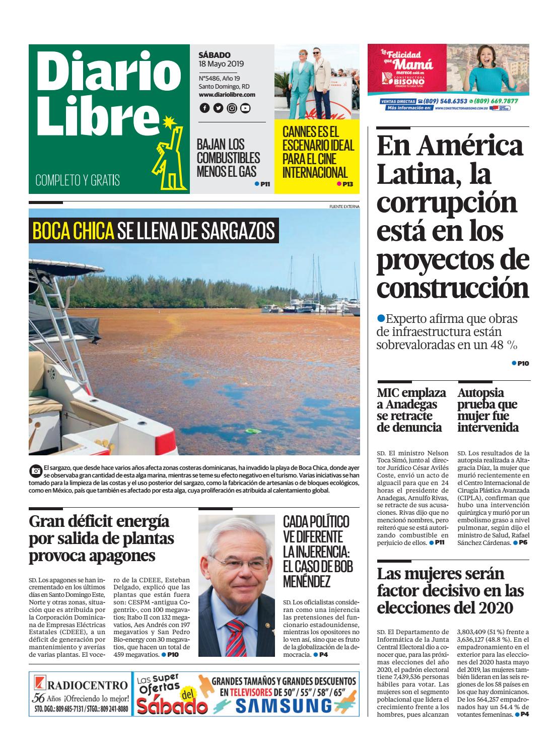Portada Periódico Diario Libre, Sábado 18 Mayo 2019