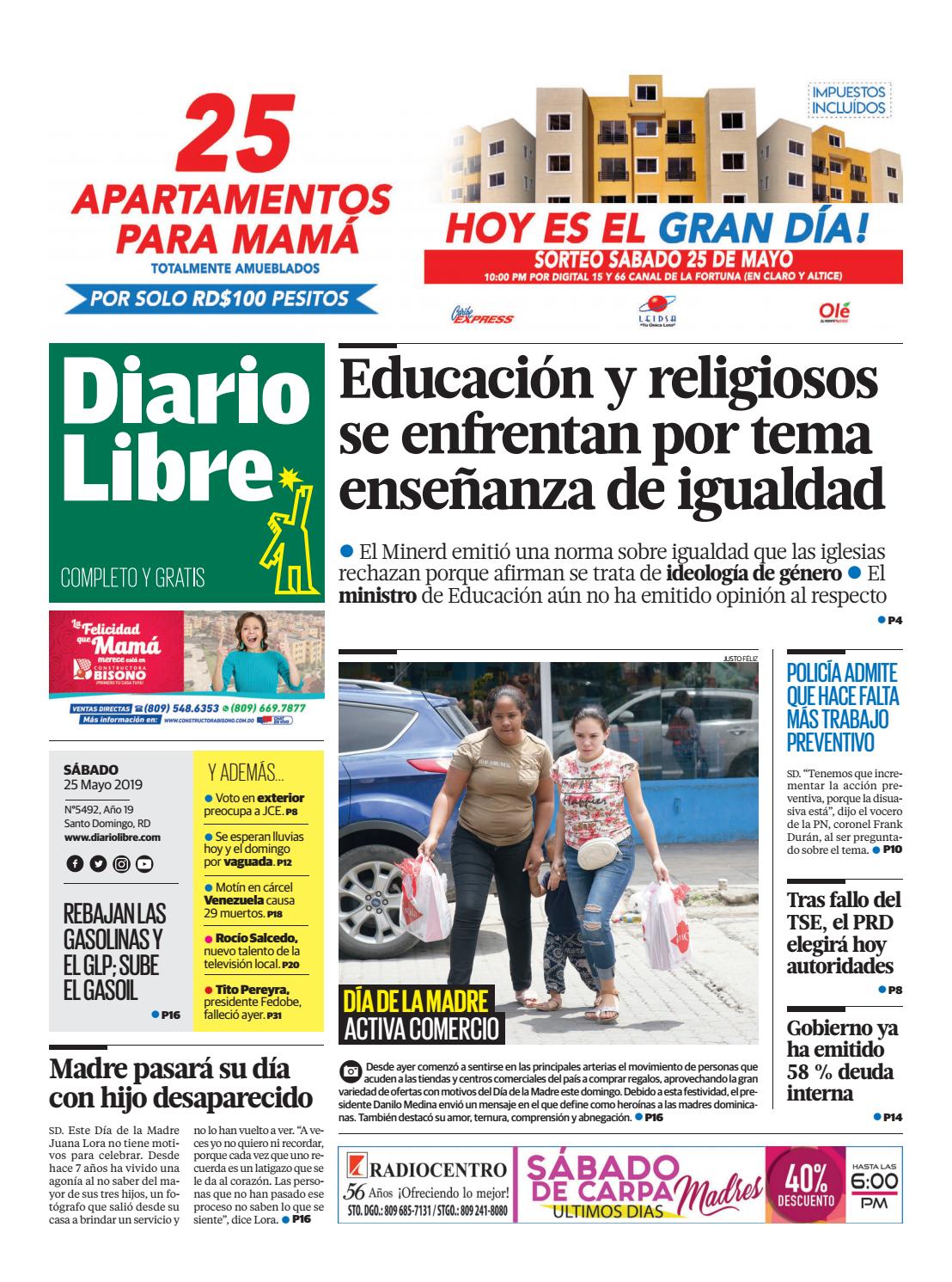 Portada Periódico Diario Libre, Sábado 25 Mayo 2019