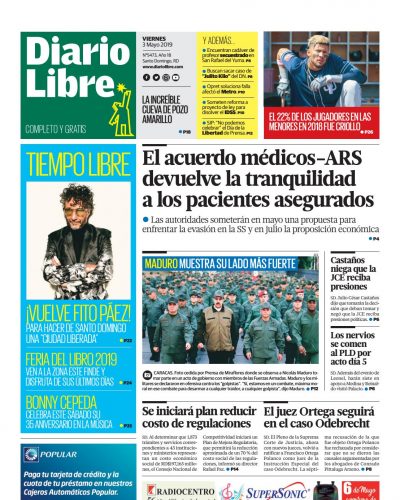 Portada Periódico Diario Libre, Viernes 03 Mayo 2019