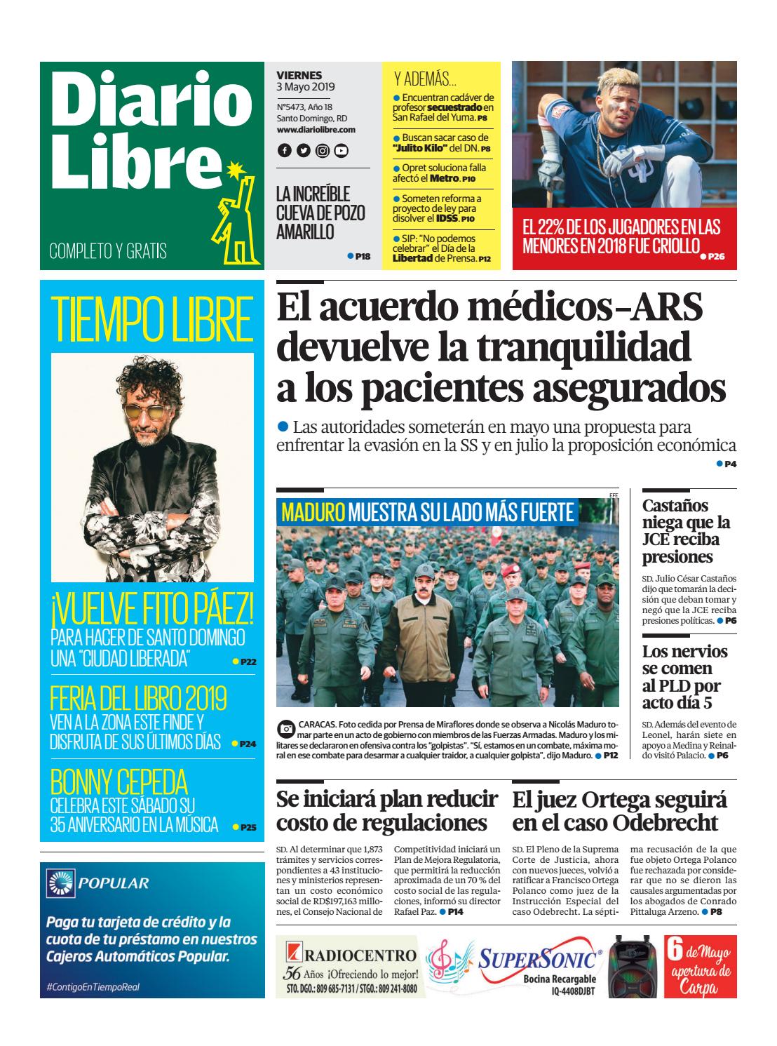 Portada Periódico Diario Libre, Viernes 03 Mayo 2019