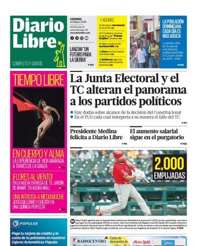 Portada Periódico Diario Libre, Viernes 10 Mayo 2019