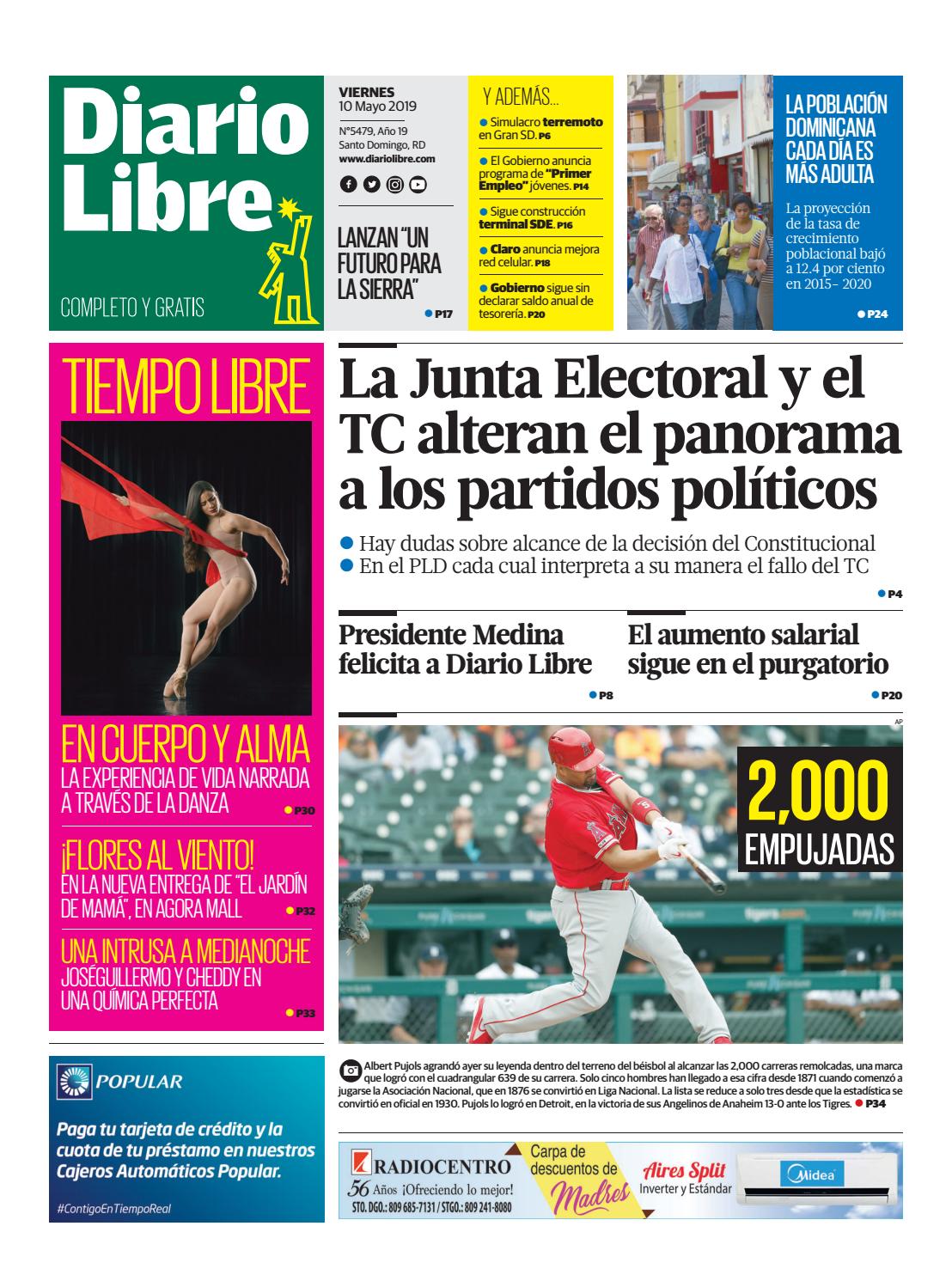 Portada Periódico Diario Libre, Viernes 10 Mayo 2019