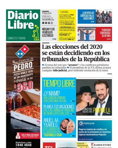 Portada Periódico Diario Libre, Viernes 17 Mayo 2019