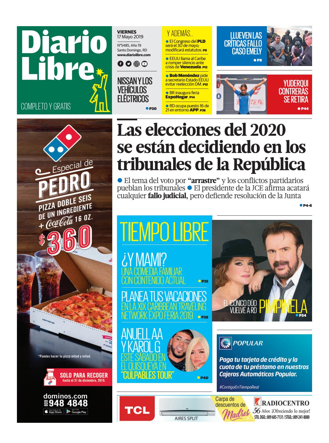Portada Periódico Diario Libre, Viernes 17 Mayo 2019