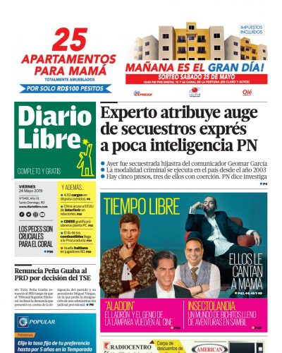 Portada Periódico Diario Libre, Viernes 24 Mayo 2019