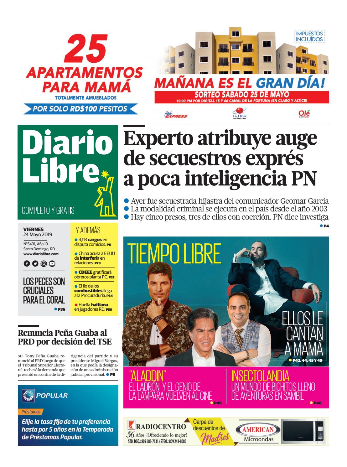 Portada Periódico Diario Libre, Viernes 24 Mayo 2019