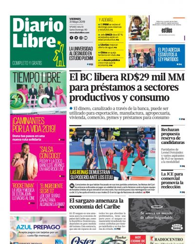 Portada Periódico Diario Libre, Viernes 31 Mayo 2019