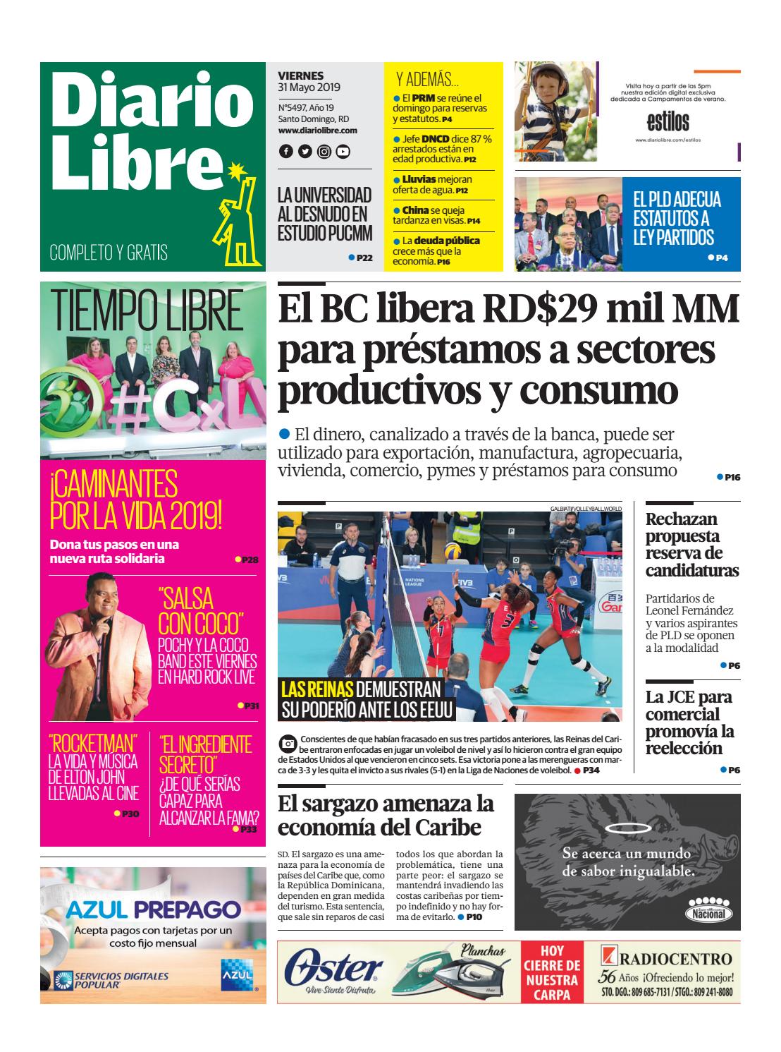 Portada Periódico Diario Libre, Viernes 31 Mayo 2019