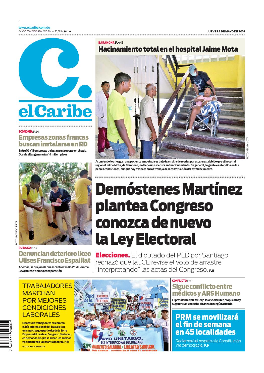 Portada Periódico El Caribe, Jueves 02 Mayo 2019