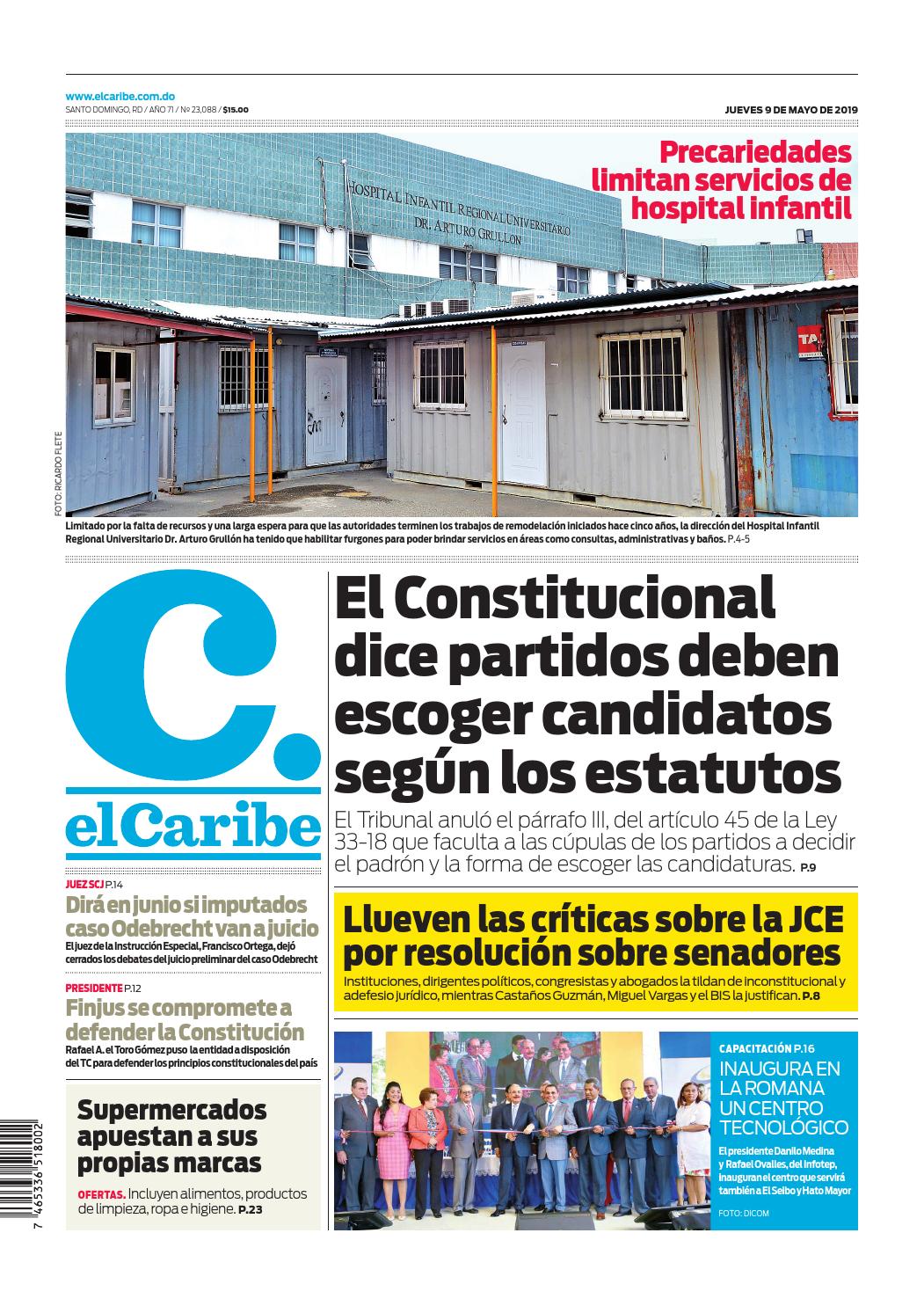 Portada Periódico El Caribe, Jueves 09 Mayo 2019