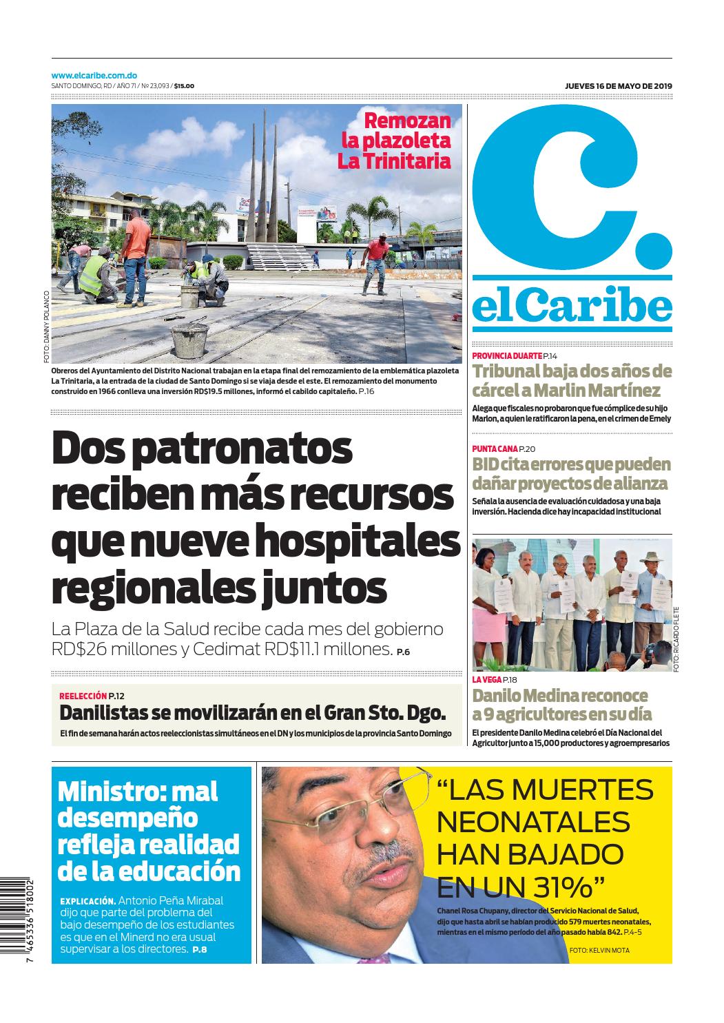 Portada Periódico El Caribe, Jueves 16 Mayo 2019