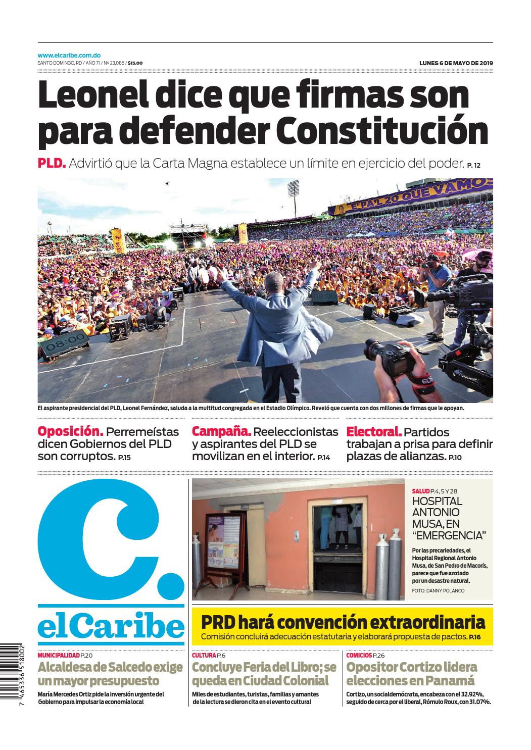 Portada Periódico El Caribe, Lunes 06 Mayo 2019