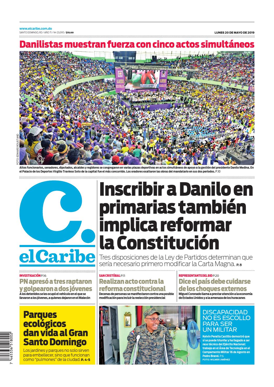 Portada Periódico El Caribe, Lunes 20 Mayo 2019