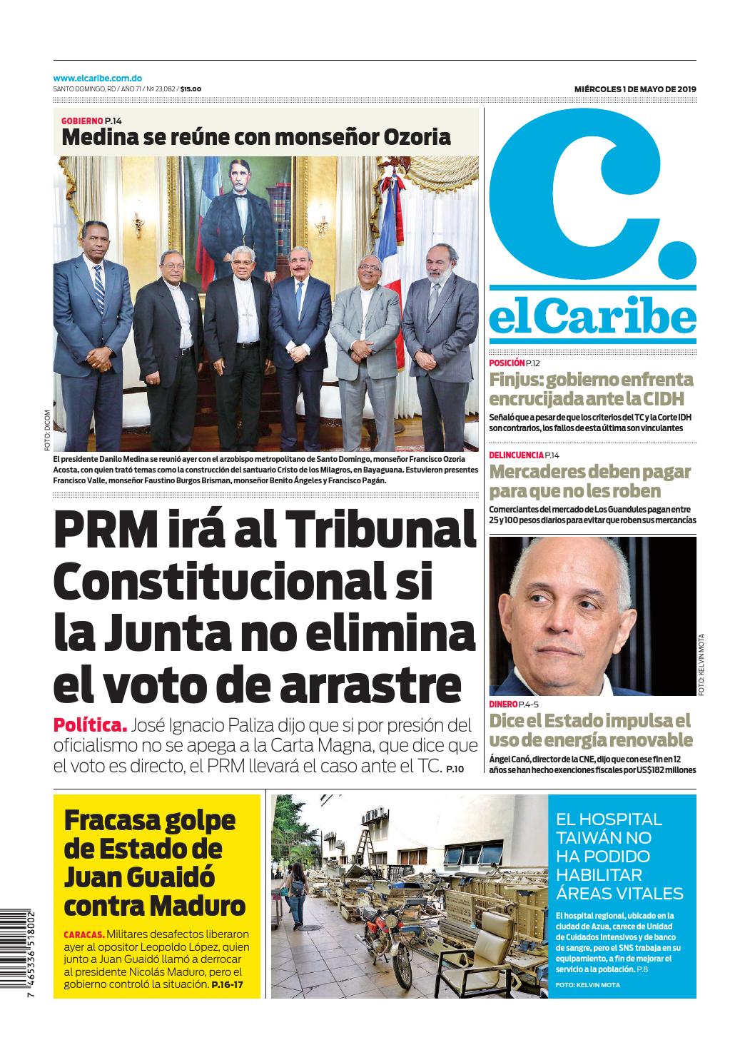 Portada Periódico El Caribe, Miércoles 01 Mayo 2019