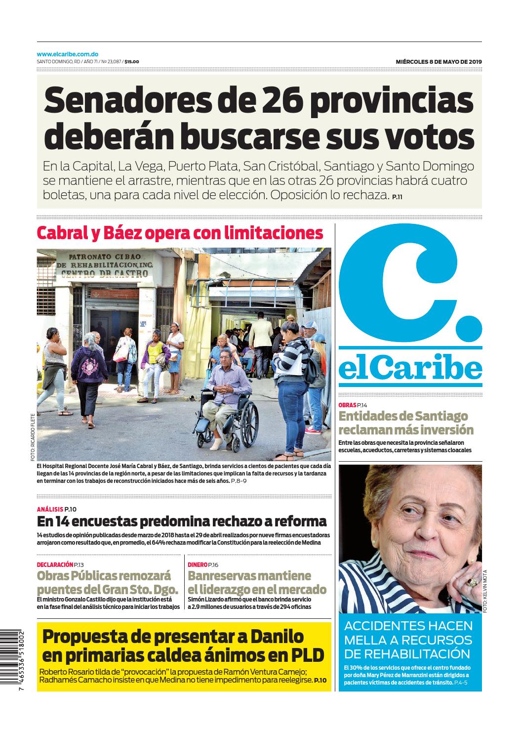 Portada Periódico El Caribe, Miércoles 08 Mayo 2019