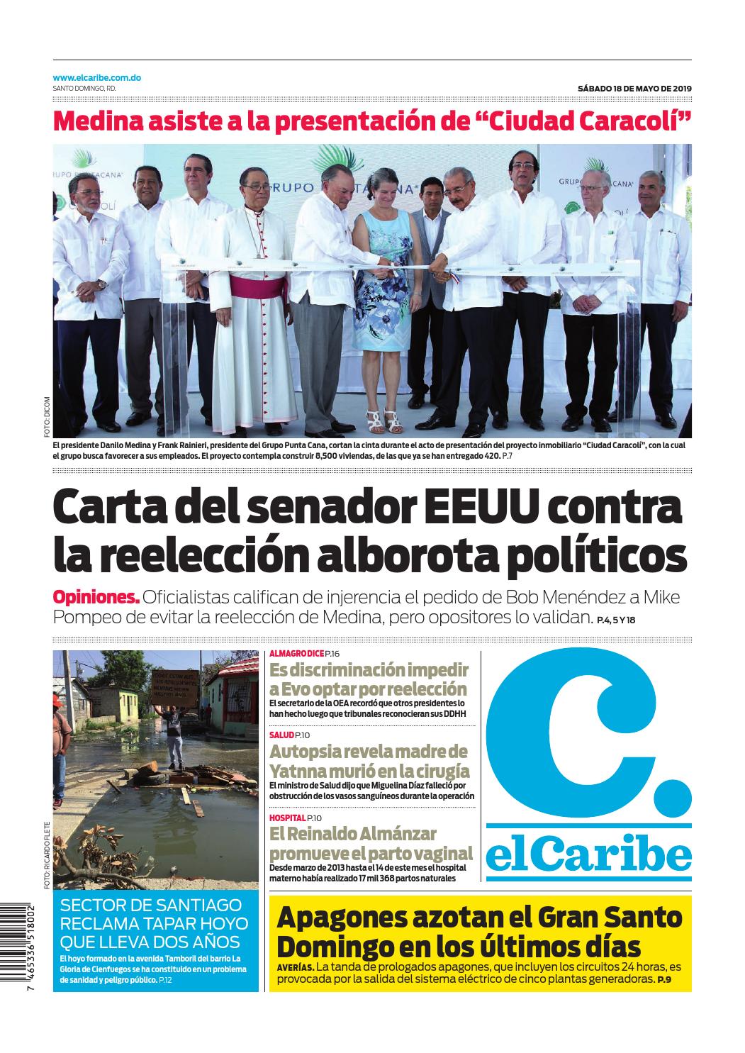 Portada Periódico El Caribe, Sábado 18 Mayo 2019