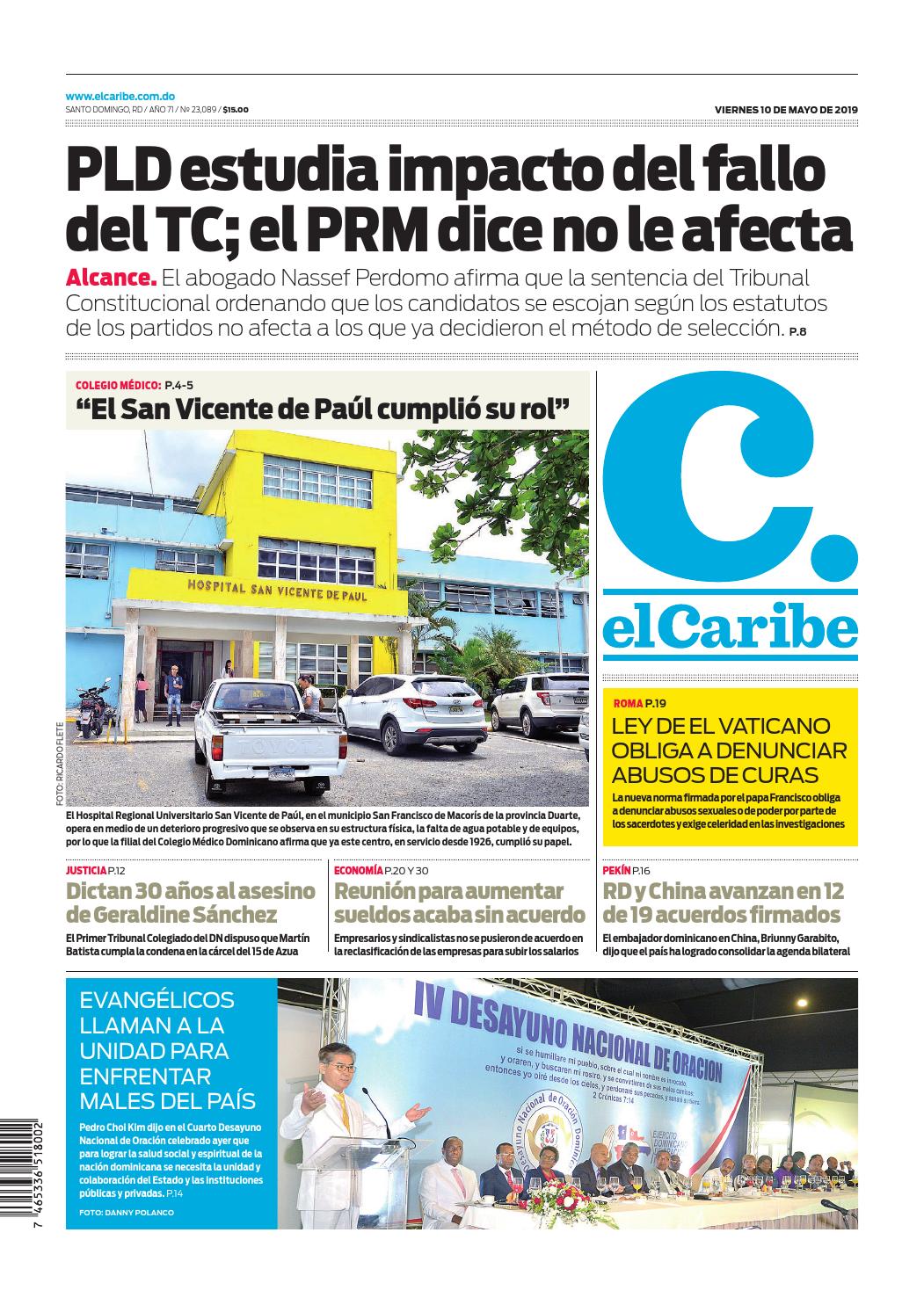 Portada Periódico El Caribe, Viernes 10 Mayo 2019