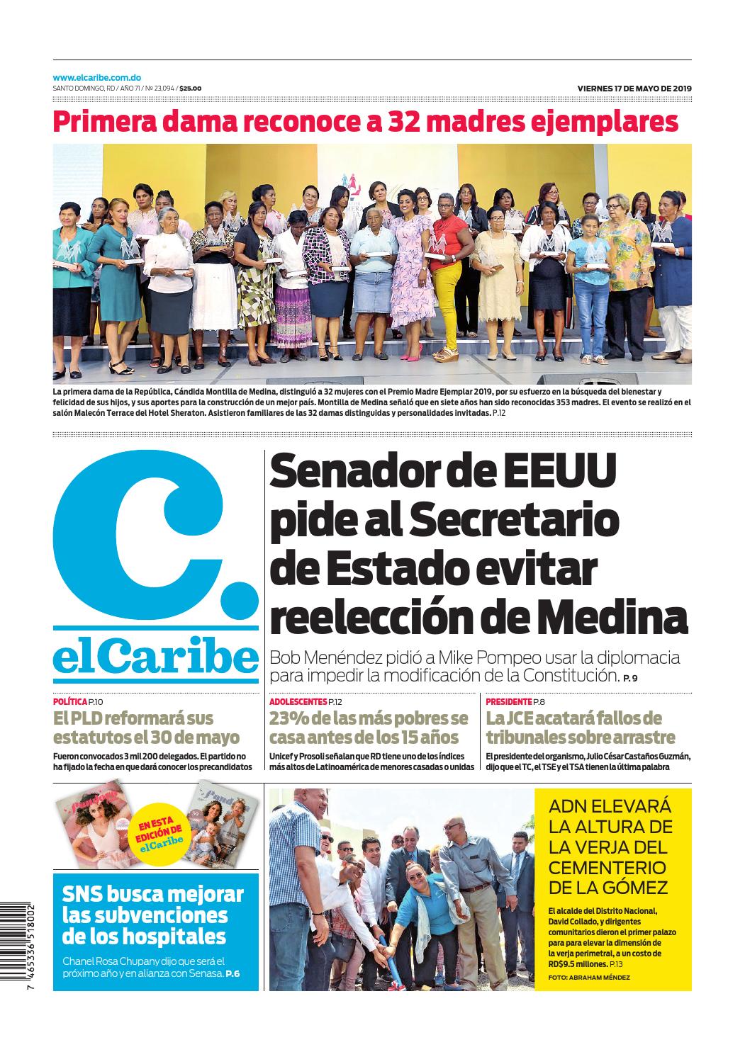 Portada Periódico El Caribe, Viernes 17 Mayo 2019