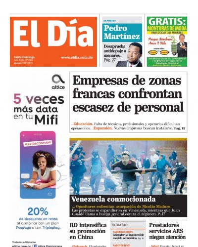 Portada Periódico El Día, Jueves 02 Mayo 2019