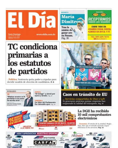 Portada Periódico El Día, Jueves 09 Mayo 2019