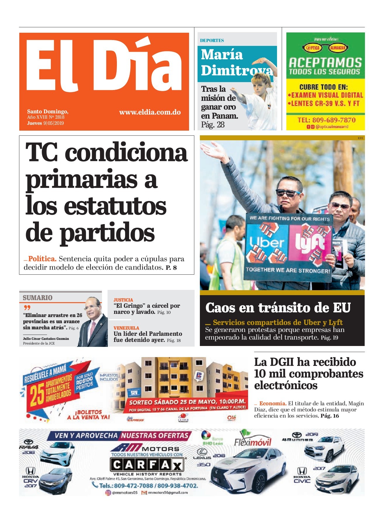 Portada Periódico El Día, Jueves 09 Mayo 2019