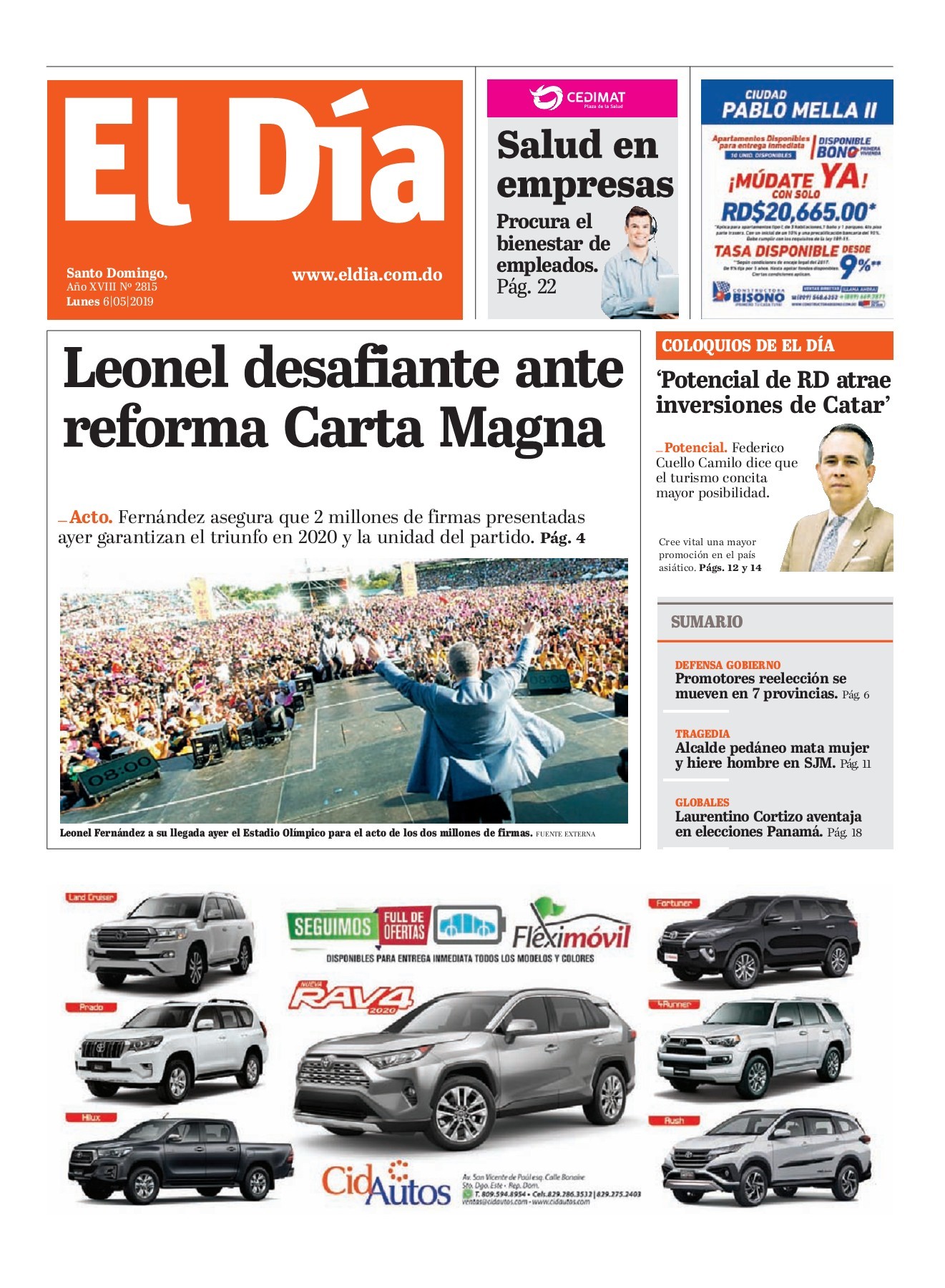 Portada Periódico El Día, Lunes 06 Mayo 2019