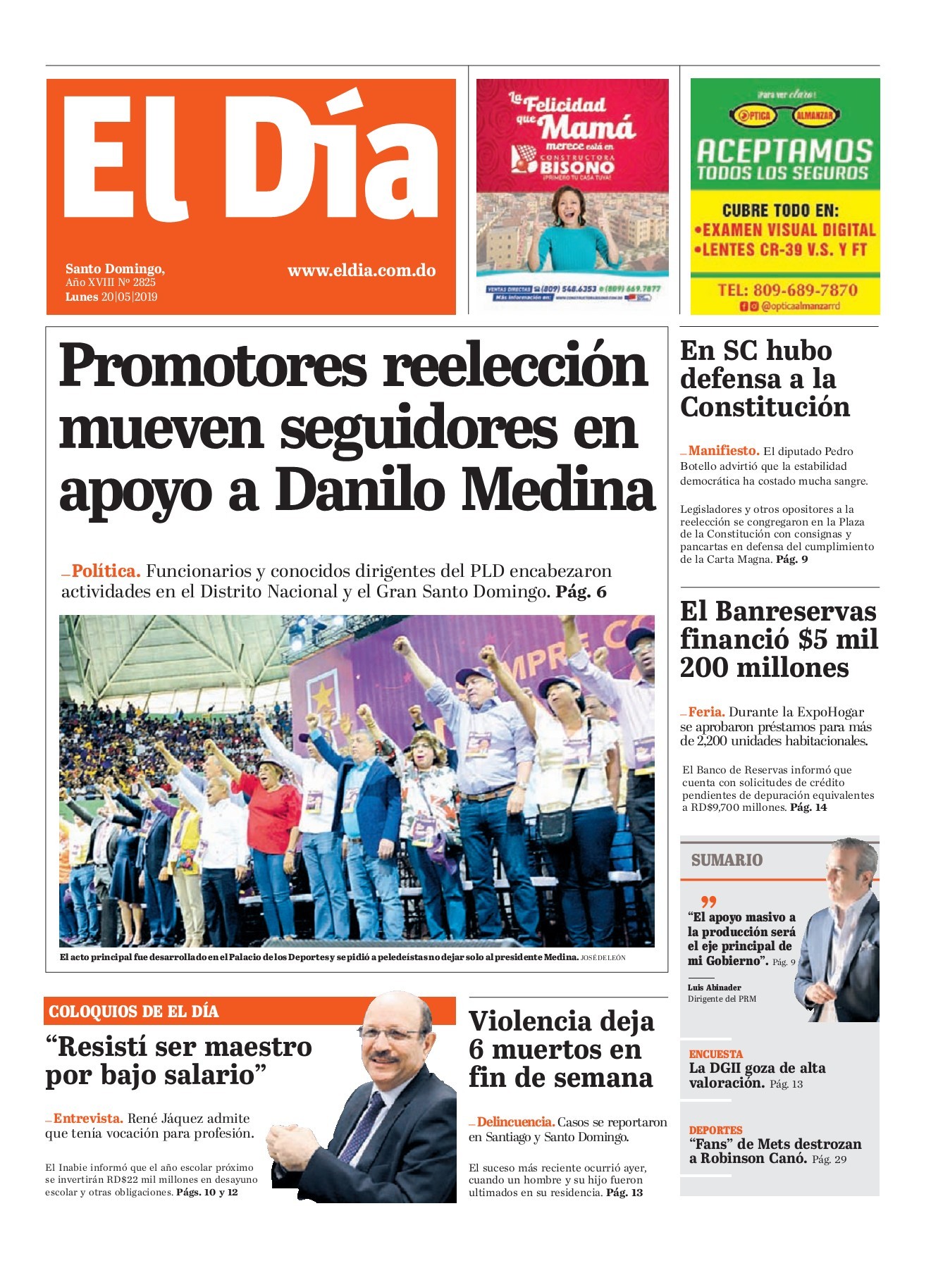Portada Periódico El Día, Lunes 20 Mayo 2019