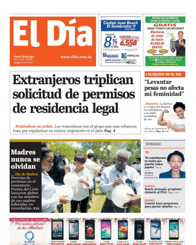 Portada Periódico El Día, Lunes 27 Mayo 2019