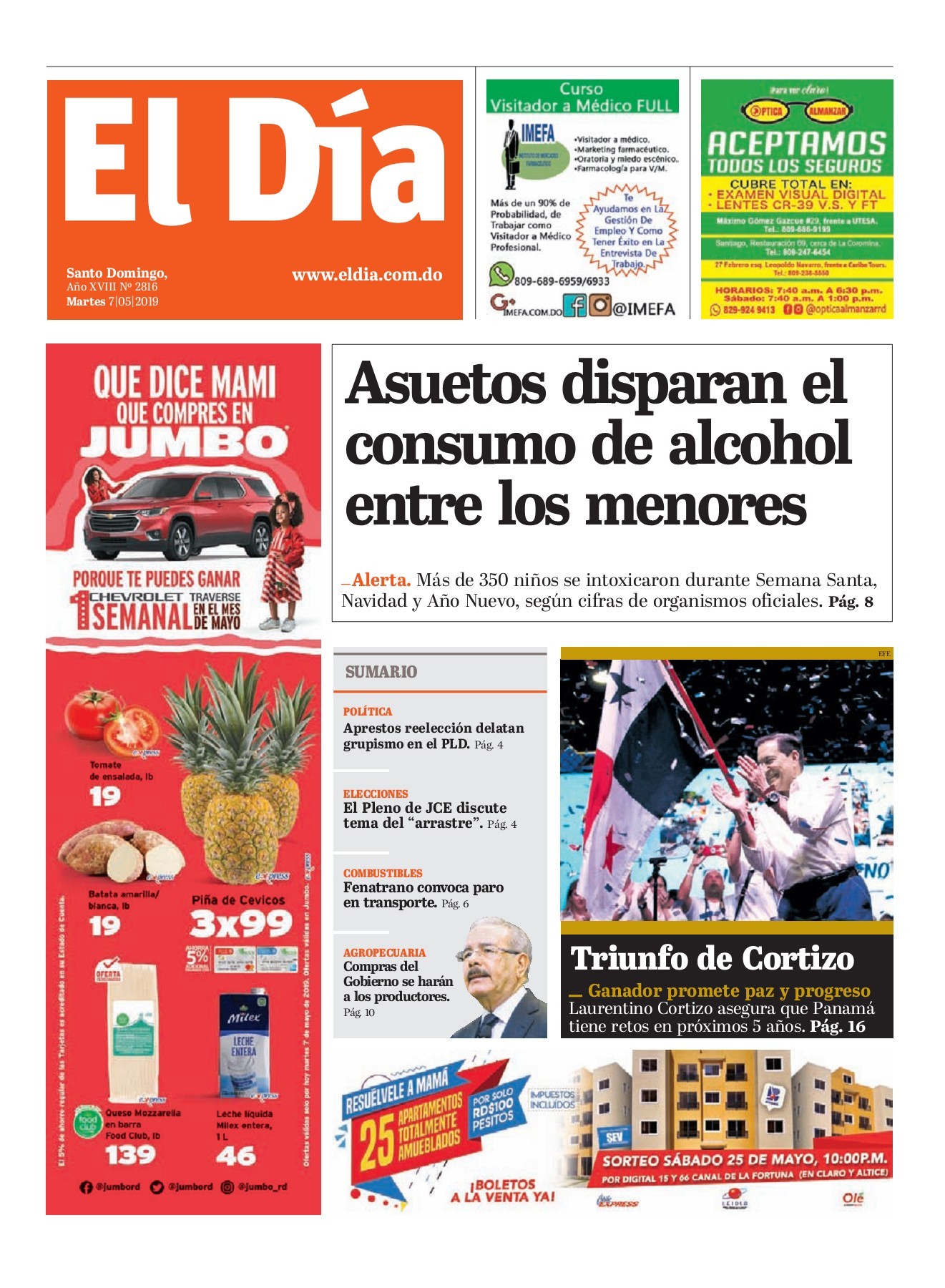 Portada Periódico El Día, Martes 07 Mayo 2019