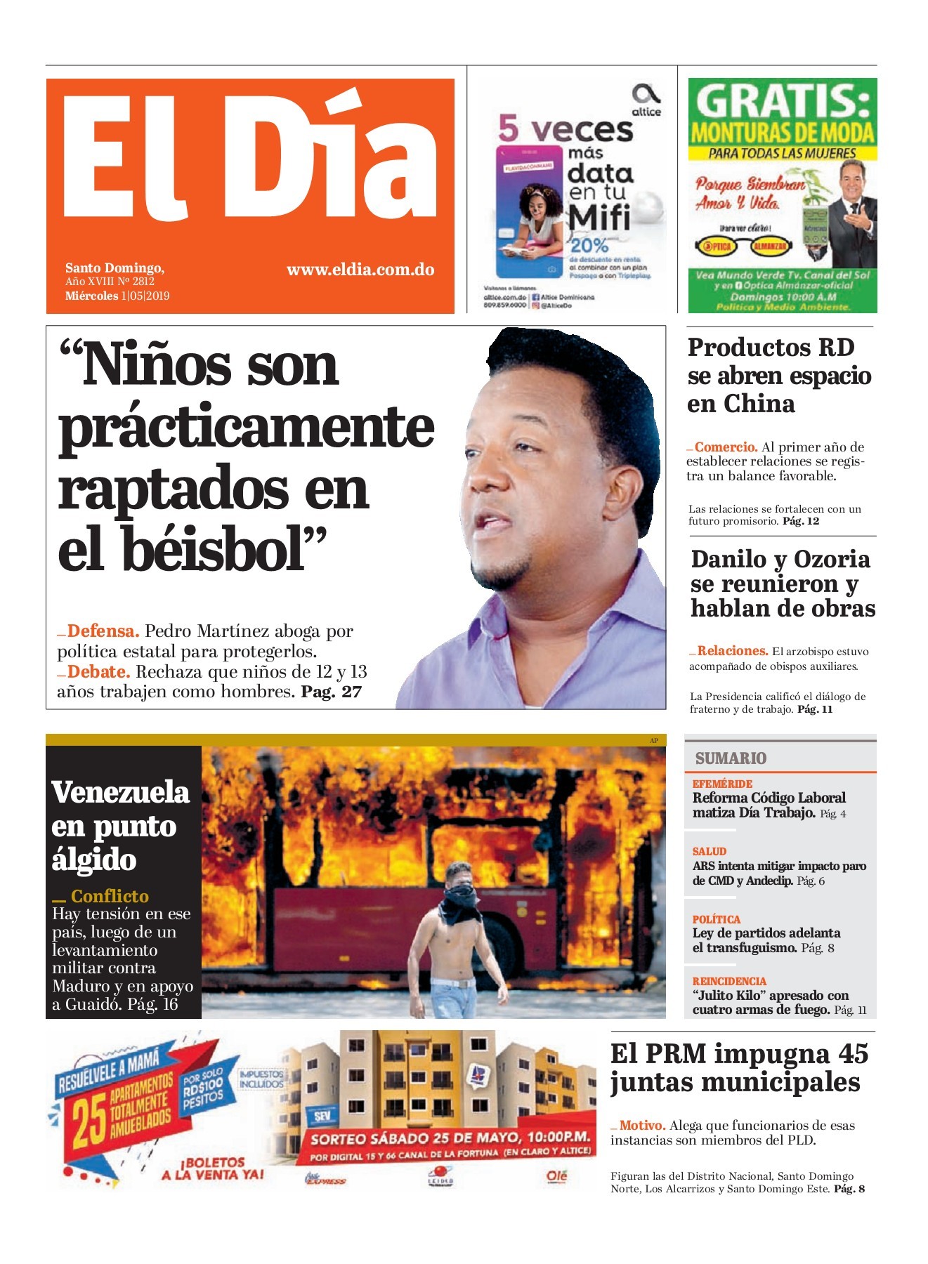 Portada Periódico El Día, Miércoles 01 Mayo 2019