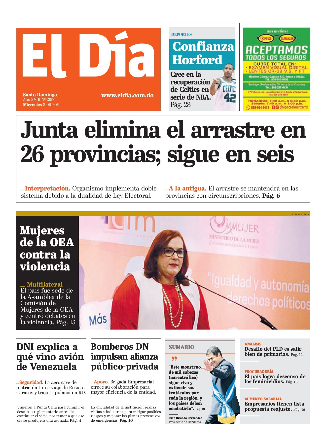 Portada Periódico El Día, Miércoles 08 Mayo 2019