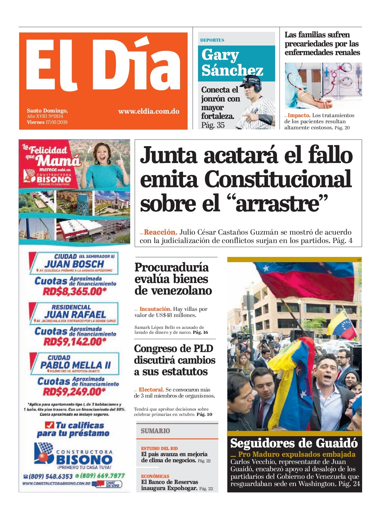 Portada Periódico El Día, Viernes 17 Mayo 2019