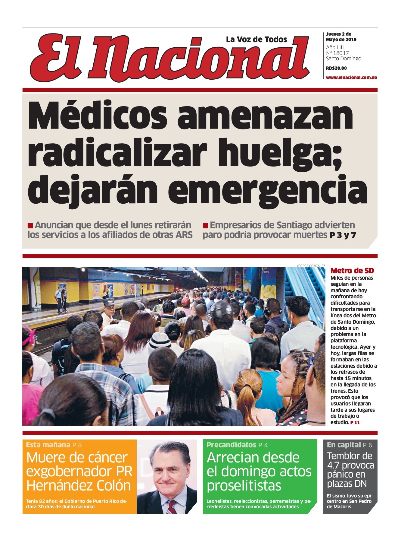 Portada Periódico El Nacional, Jueves 02 Mayo 2019