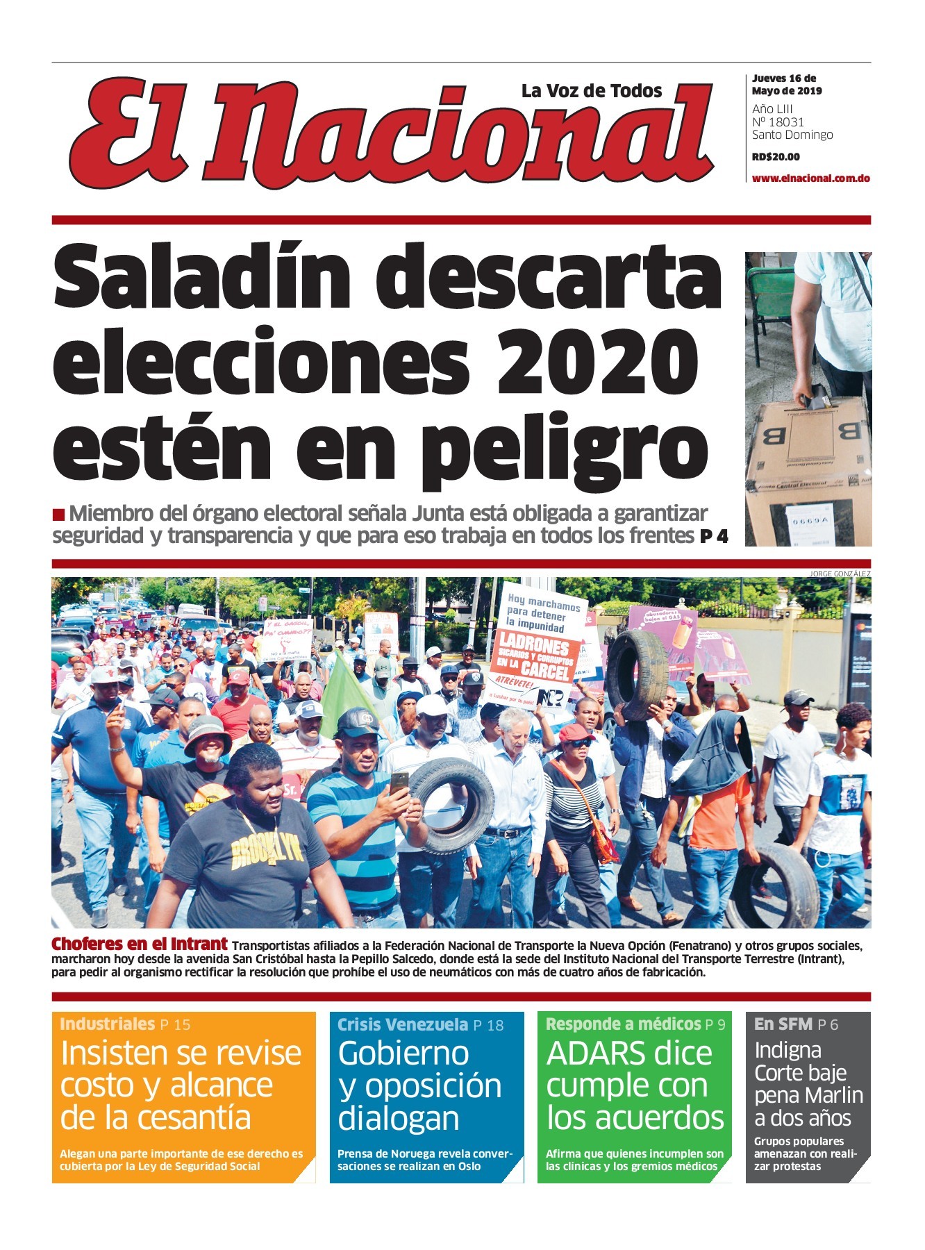 Portada Periódico El Nacional, Jueves 16 Mayo 2019