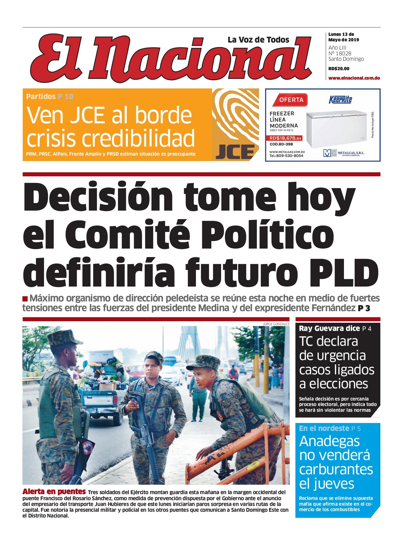 Portada Periódico El Nacional, Lunes 13 Mayo 2019