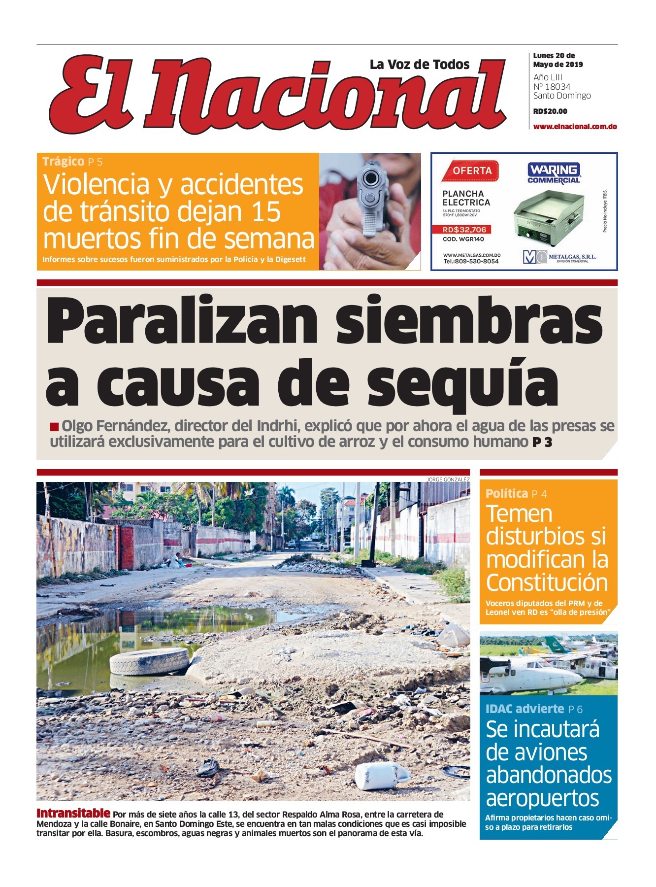 Portada Periódico El Nacional, Lunes 20 Mayo 2019