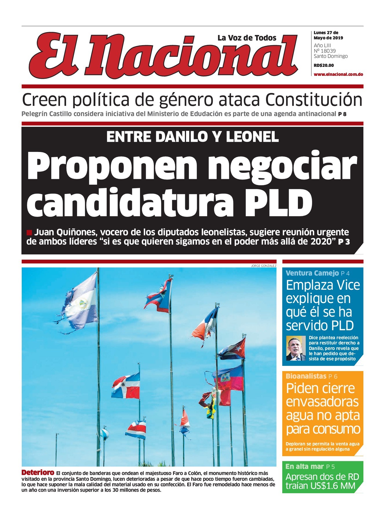 Portada Periódico El Nacional, Lunes 27 Mayo 2019
