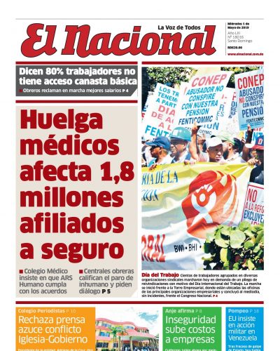 Portada Periódico El Nacional, Miércoles 01 Mayo 2019