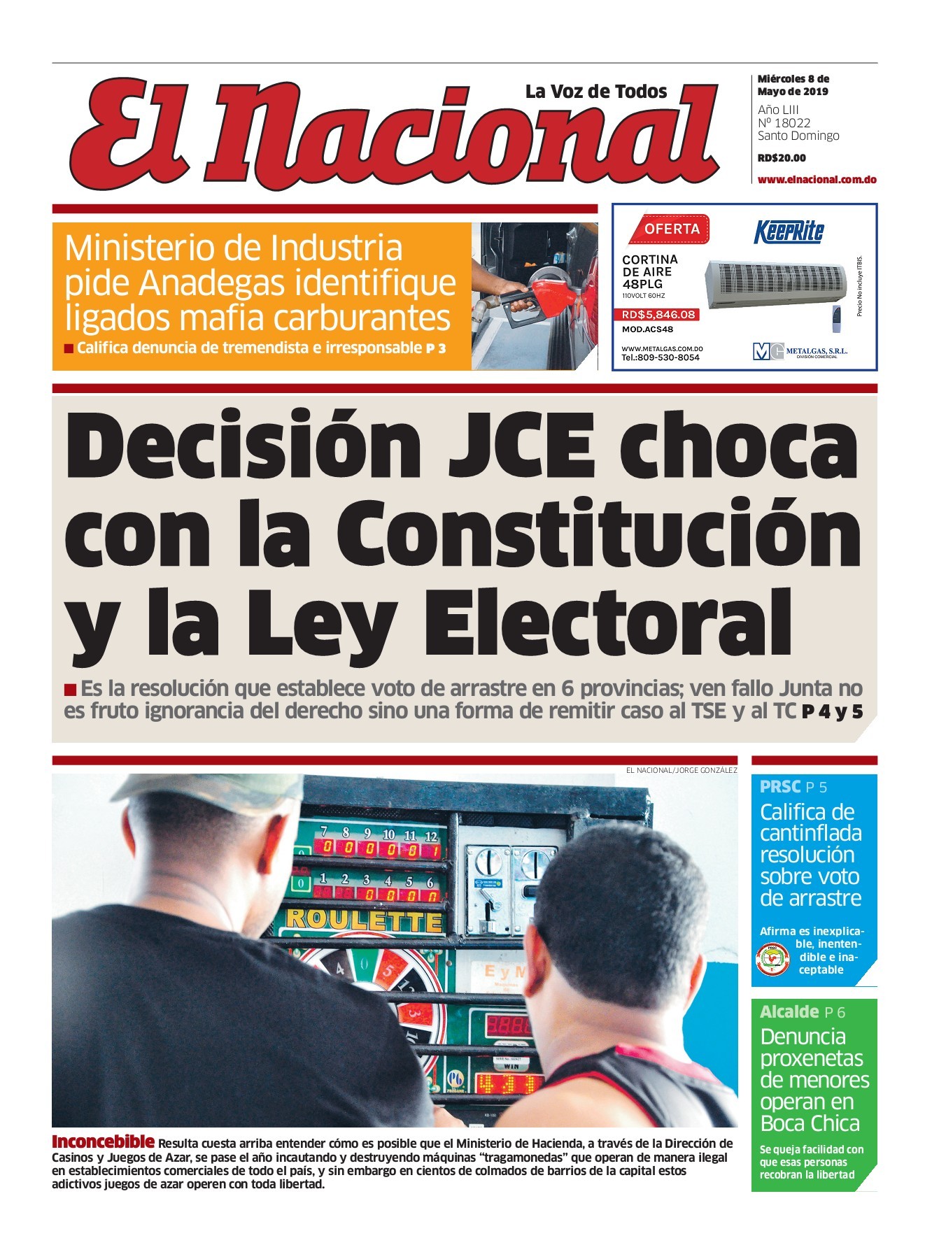 Portada Periódico El Nacional, Miércoles 08 Mayo 2019