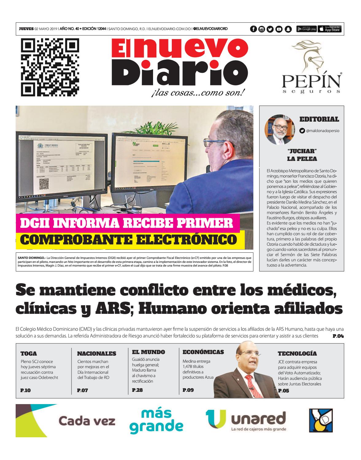 Portada Periódico El Nuevo Diario, Jueves 02 Mayo 2019