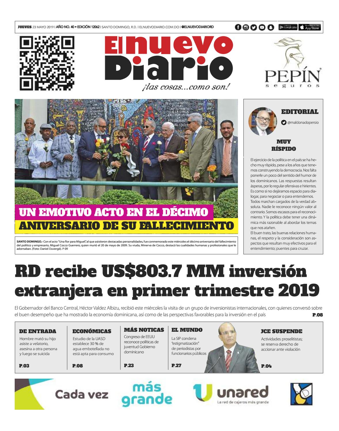 Portada Periódico El Nuevo Diario, Jueves 23 Mayo 2019