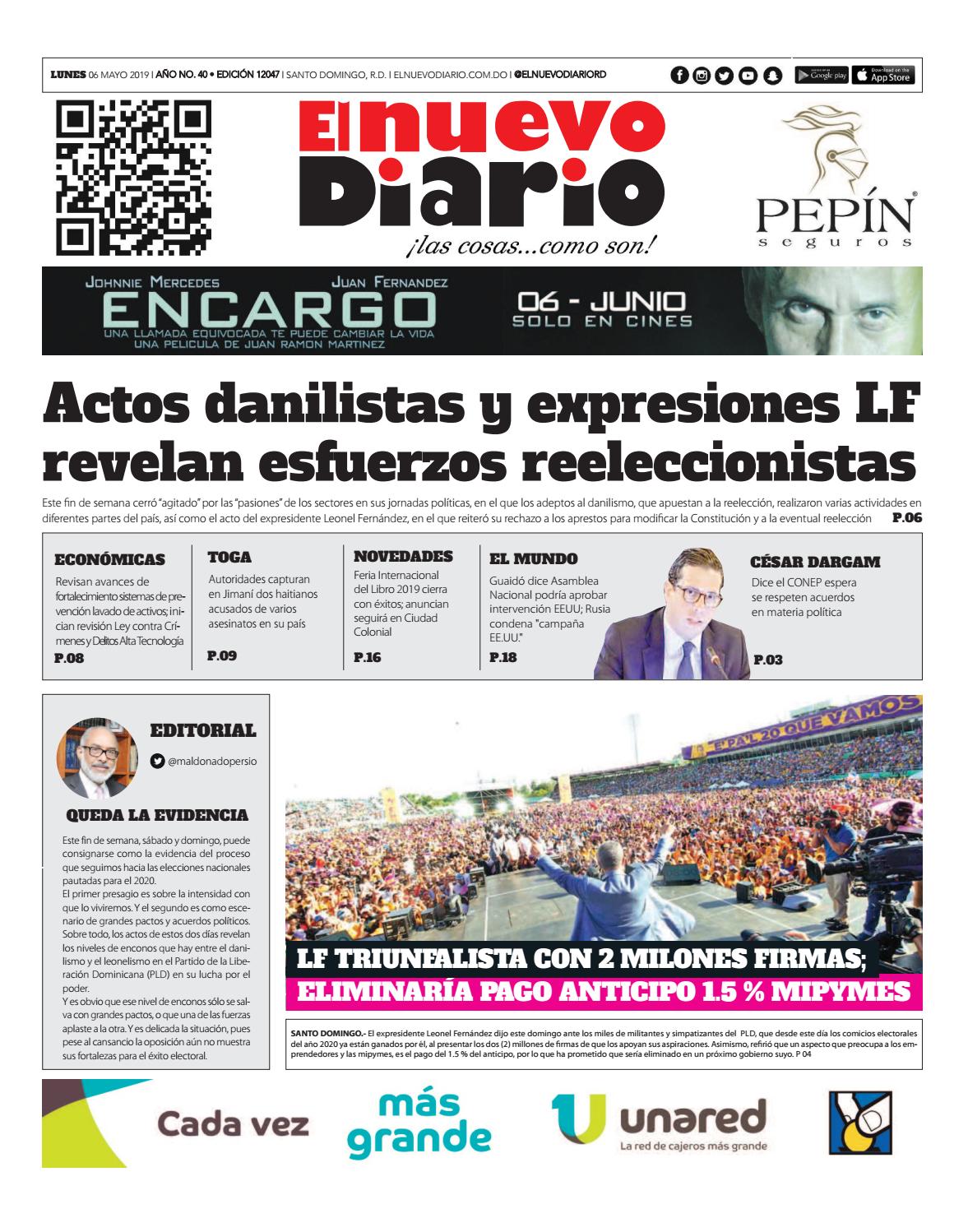 Portada Periódico El Nuevo Diario, Lunes 06 Mayo 2019
