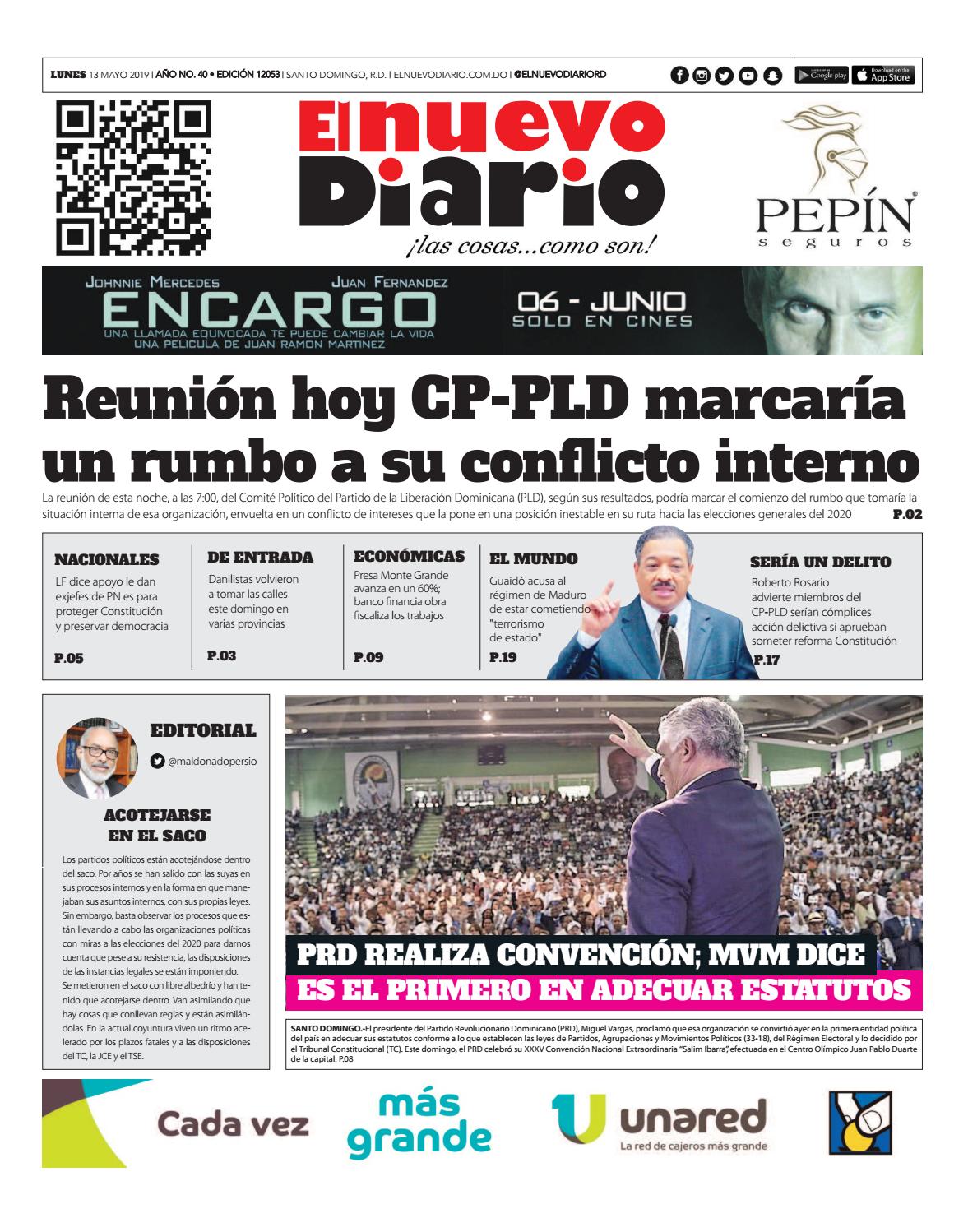 Portada Periódico El Nuevo Diario, Lunes 13 Mayo 2019