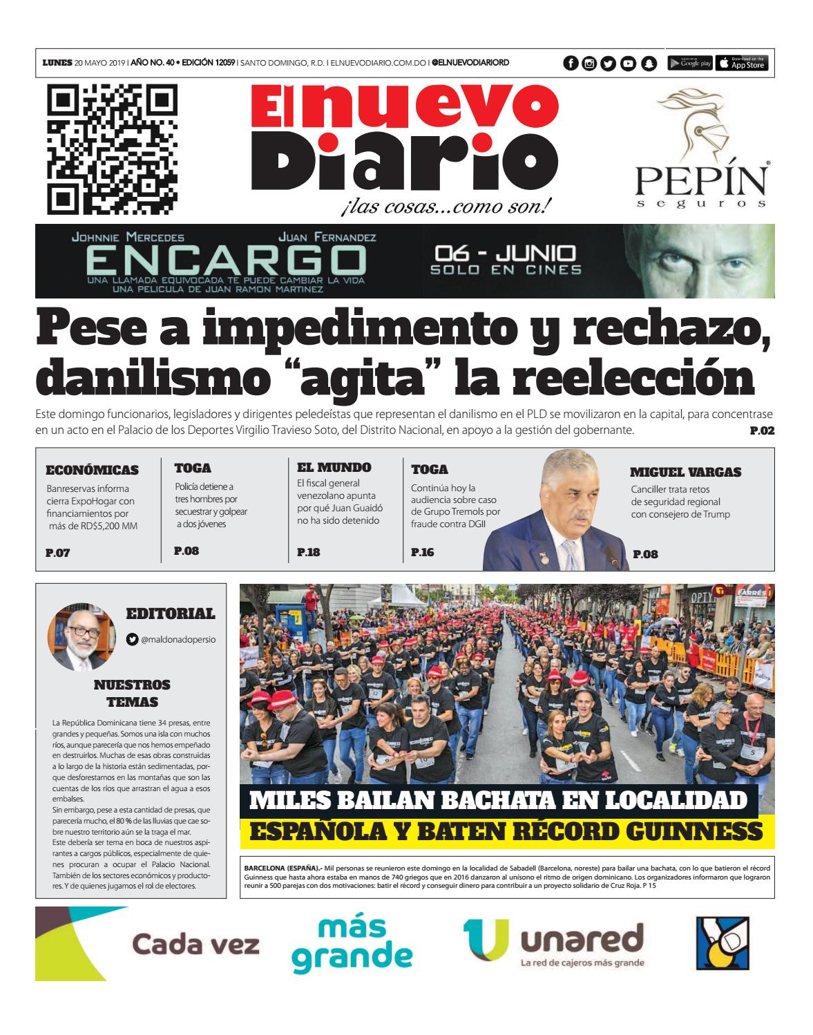 Portada Periódico El Nuevo Diario, Lunes 20 Mayo 2019