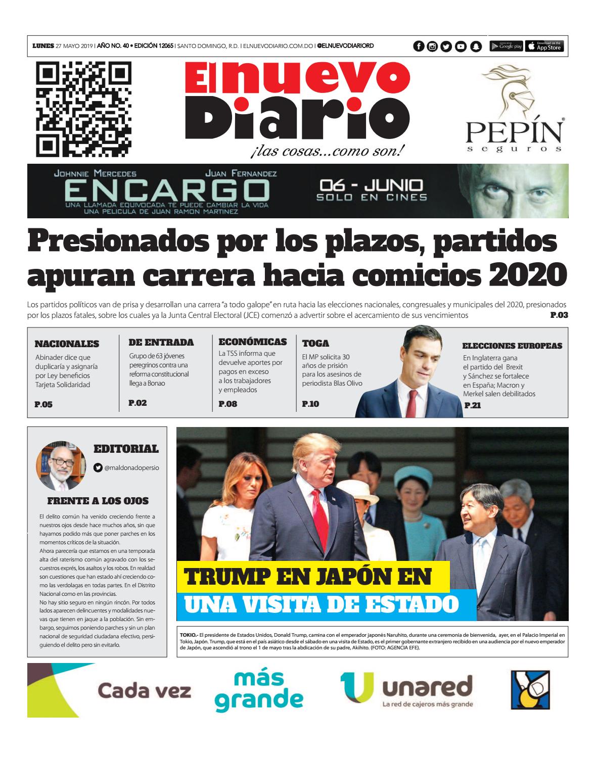 Portada Periódico El Nuevo Diario, Lunes 27 Mayo 2019