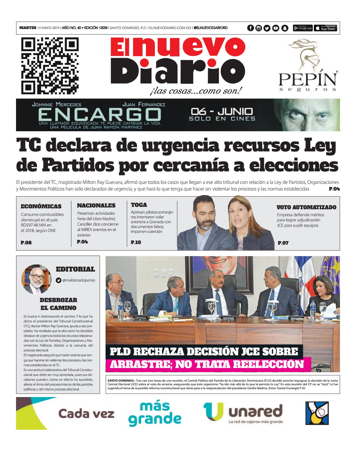 Portada Periódico El Nuevo Diario, Martes 14 Mayo 2019