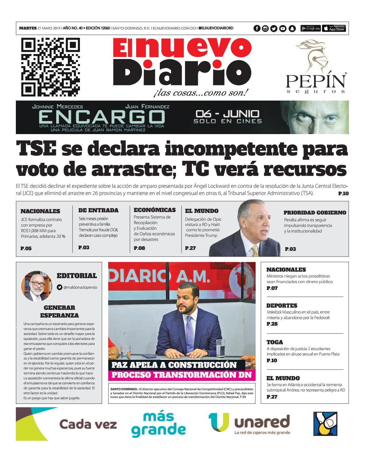 Portada Periódico El Nuevo Diario, Martes 21 Mayo 2019