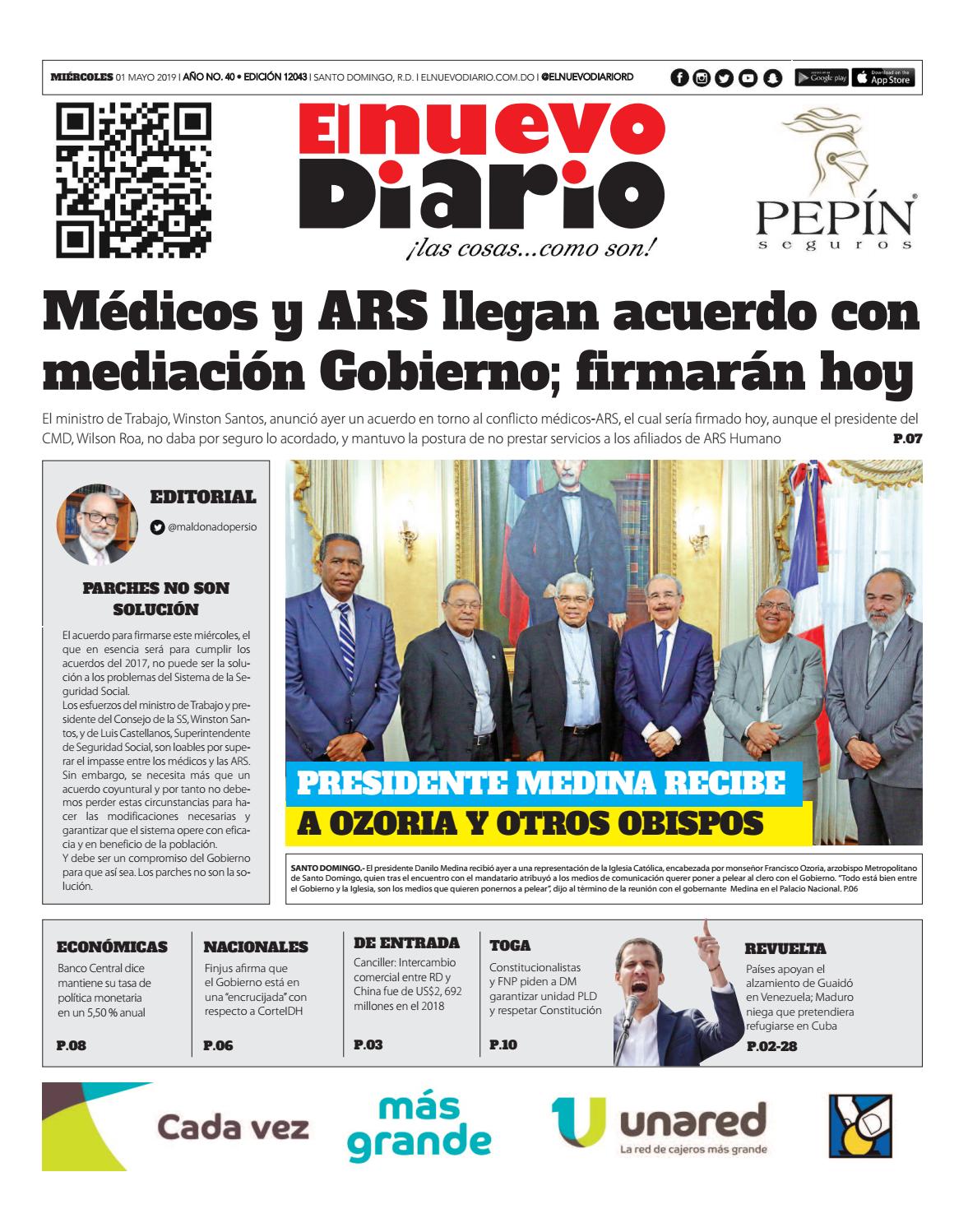 Portada Periódico El Nuevo Diario, Miércoles 01 Mayo 2019