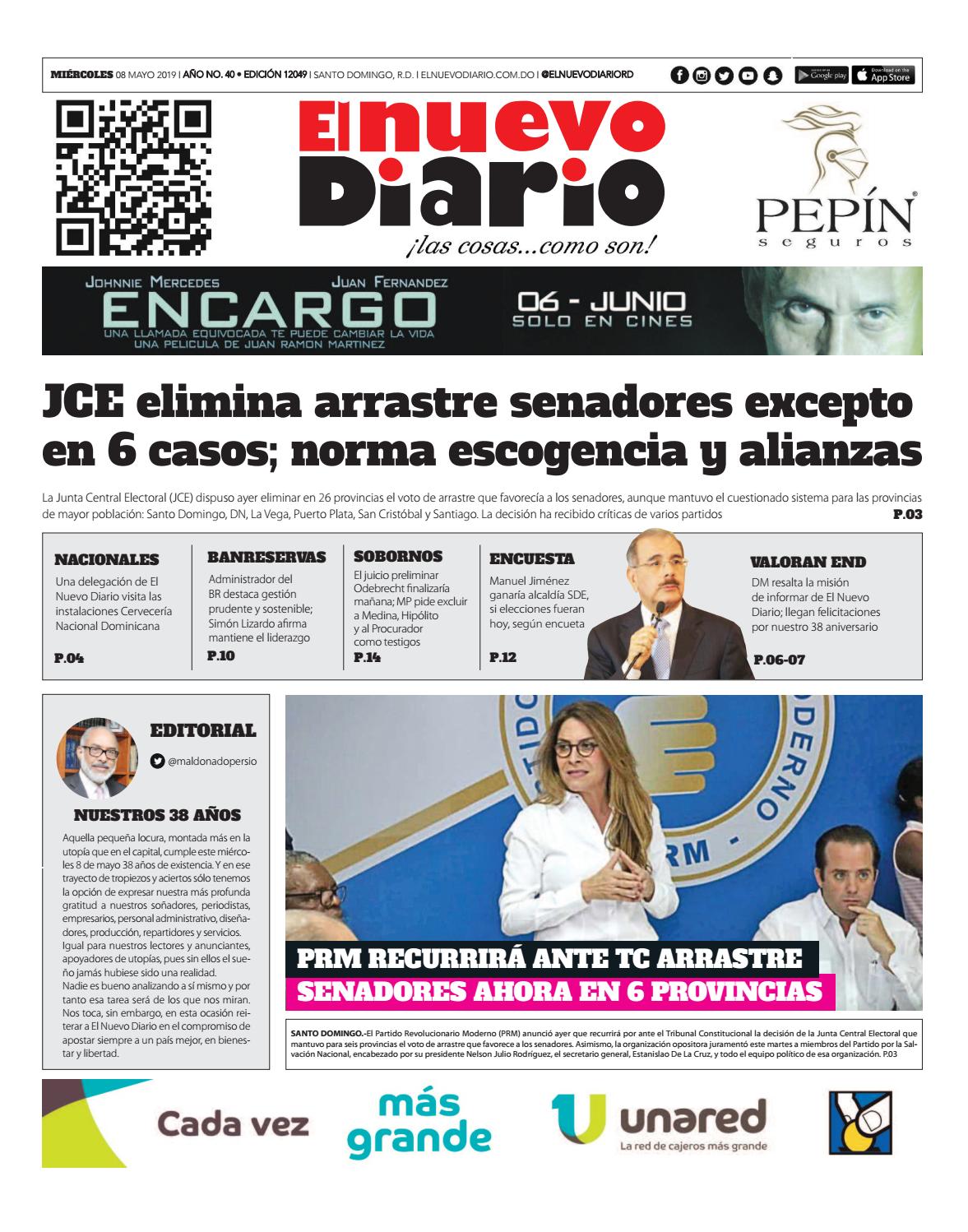 Portada Periódico El Nuevo Diario, Miércoles 08 Mayo 2019
